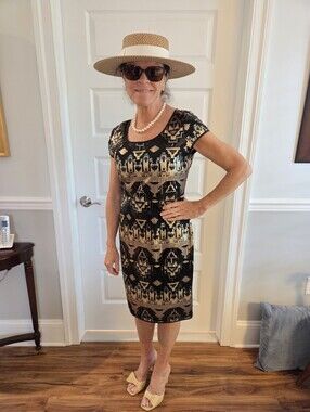 Joseph Ribkoff Black & Gold Patterned Sheath Dress
